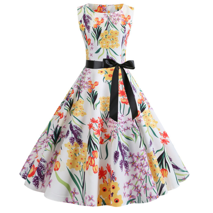 Summer Floral Sleeveless Party Belt Elegant Vintage A-Line Dress 1950 Vintage Dresses
