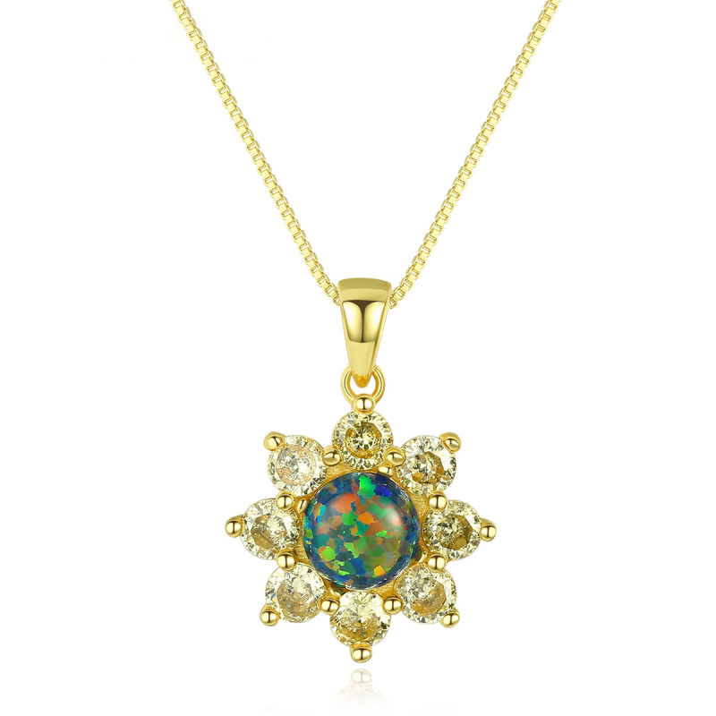 925 Sterling Silver Sunflower Design Opal Pendant Necklace Women's Gold Silver Chain Necklace