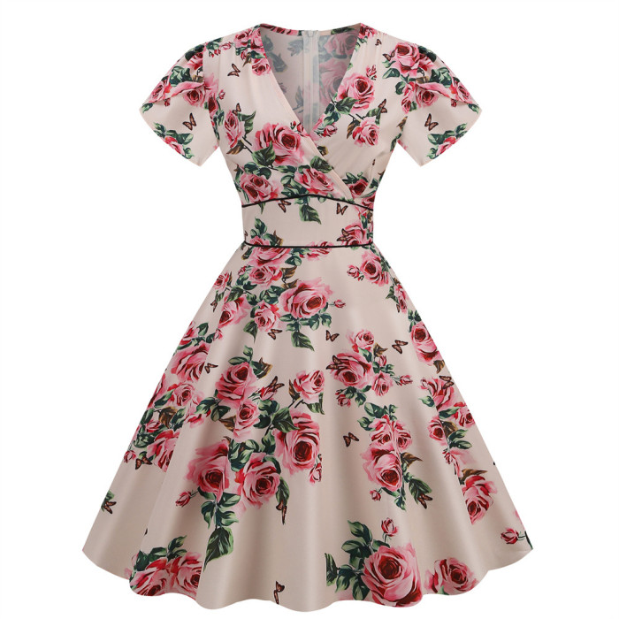 Summer Dress Floral Print Short Sleeve V Neck A-Line Vintage Elegant Dress 1950 Vintage Dresses