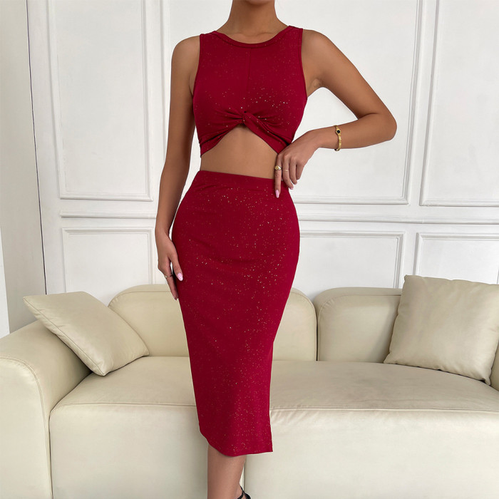 Fashion Knitted Solid Color Suit Summer New Stretch Skirt Pack Hip Skirt Bodycon Dresses