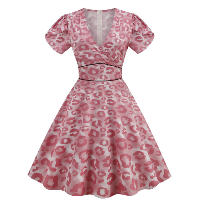 Summer Dress Floral Print Short Sleeve V Neck A-Line Vintage Elegant Dress 1950 Vintage Dresses