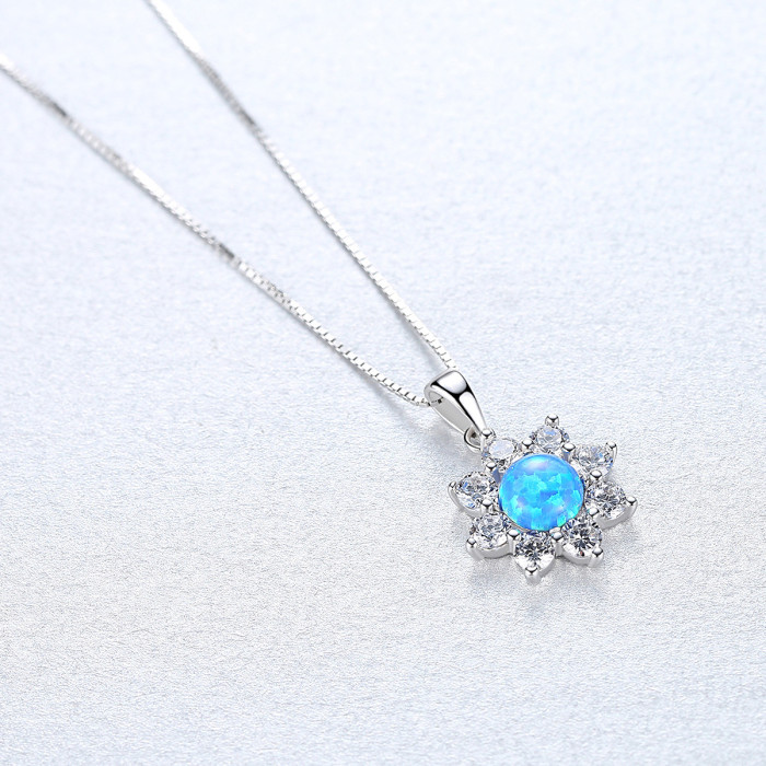 925 Sterling Silver Sunflower Design Opal Pendant Necklace Women's Gold Silver Chain Necklace