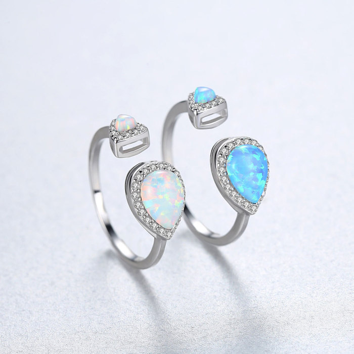 925 Silver Jewelry Water Drop Double Opal Rings Ladies Valentine's Day Women's Open Rings