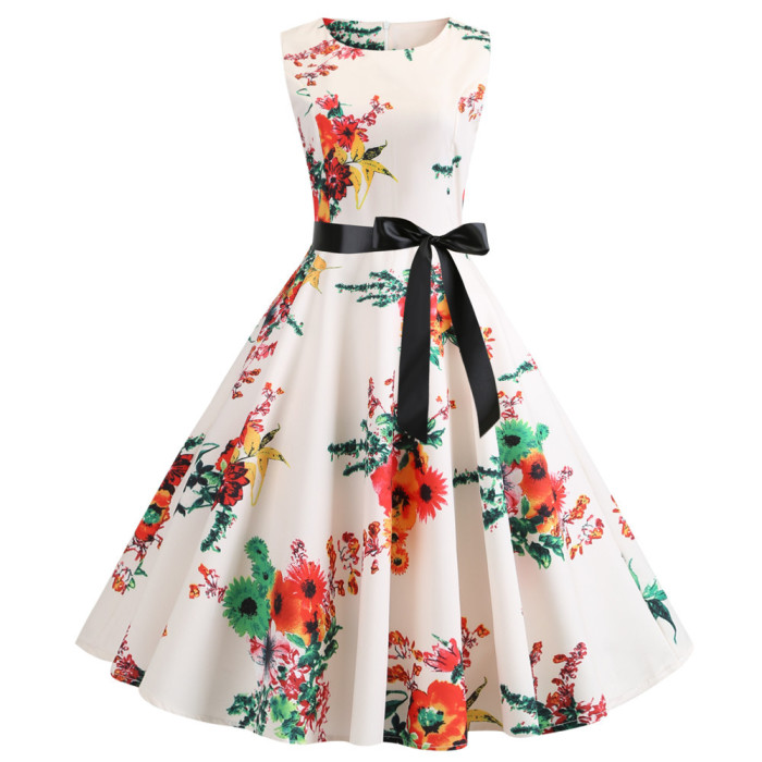 Summer Floral Sleeveless Party Belt Elegant Vintage A-Line Dress 1950 Vintage Dresses