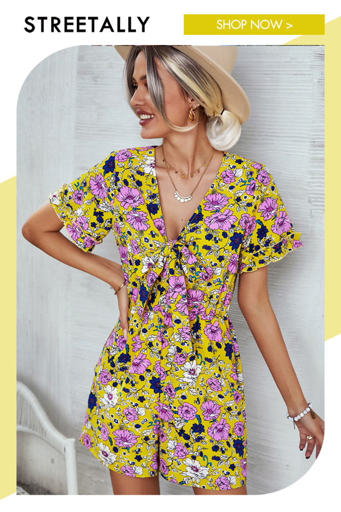 Printed Short-sleeved Casual Jumpsuit Summer Sexy Temperament Wide-leg Rompers