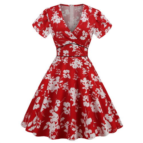 Summer Dress Floral Print Short Sleeve V Neck A-Line Vintage Elegant Dress 1950 Vintage Dresses