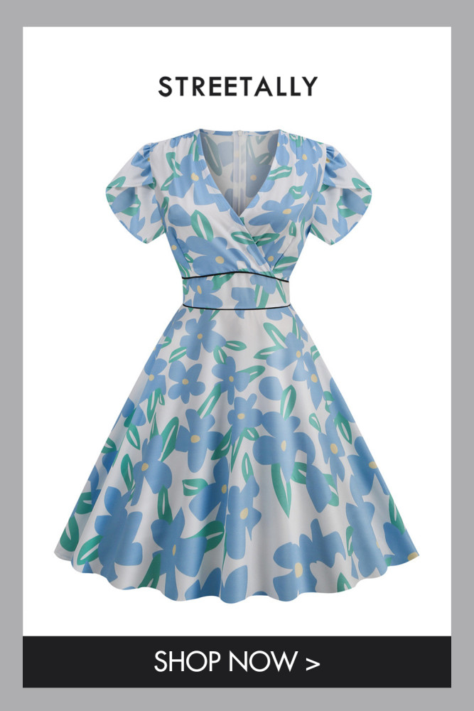 Summer Dress Floral Print Short Sleeve V Neck A-Line Vintage Elegant Dress 1950 Vintage Dresses