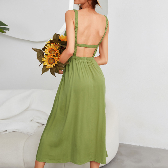 Sling Halter Dress Summer New Solid Color Swing Skirt Long Skirt Maxi Dresses