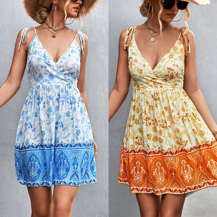 New Hot Sale Sexy Backless V-Neck Sling Print Floral Dress Women Casual Dresses