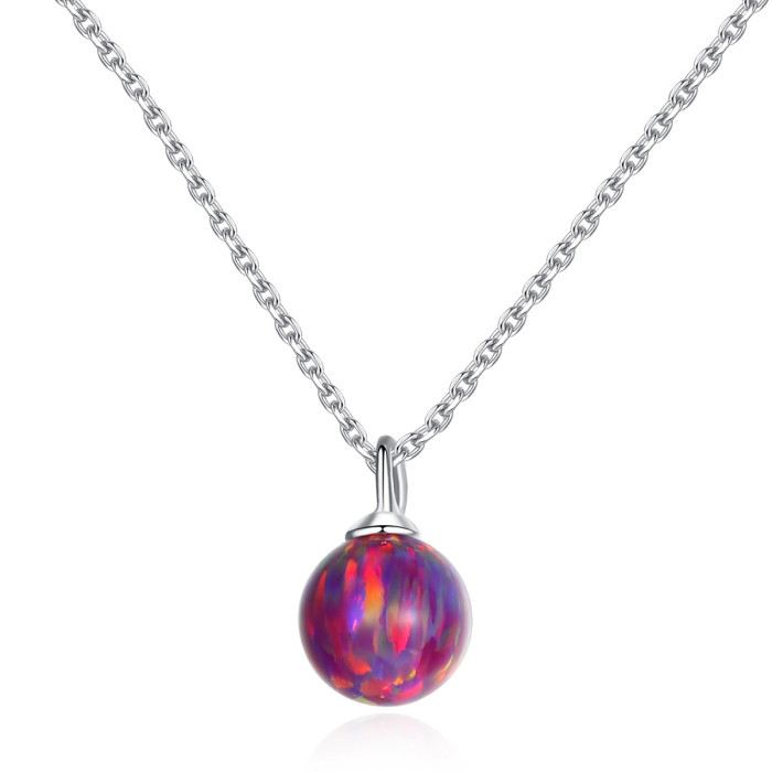925 Sterling Silver 6mm Red Round Ball Opal Pendant Necklace Women's Charming Necklace