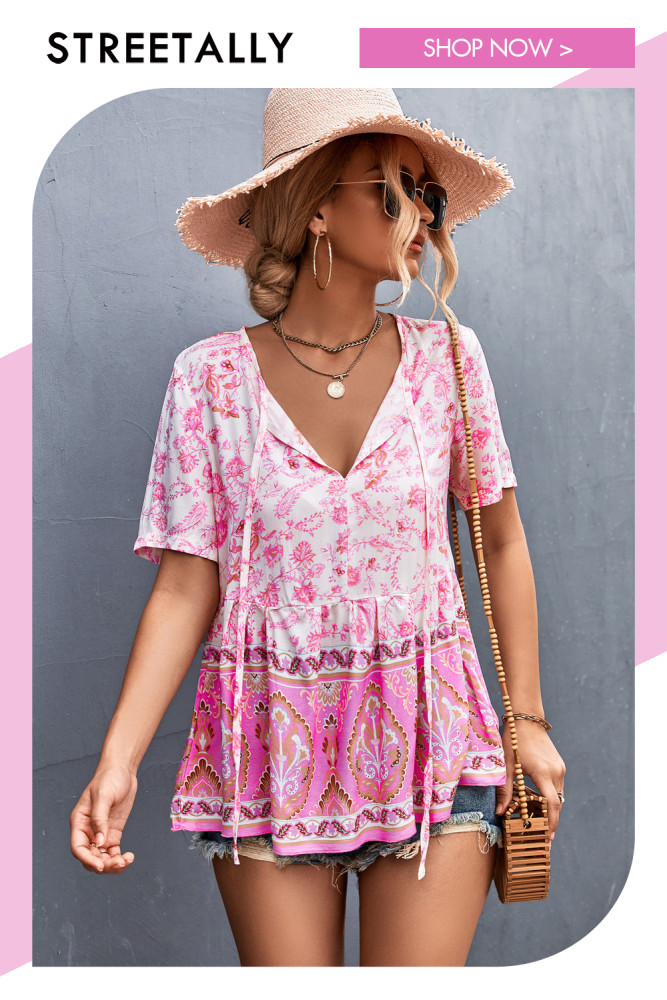 New Spring Summer Hot Sale Bohemian V-Neck Tie Positioning Flower Top T-Shirts