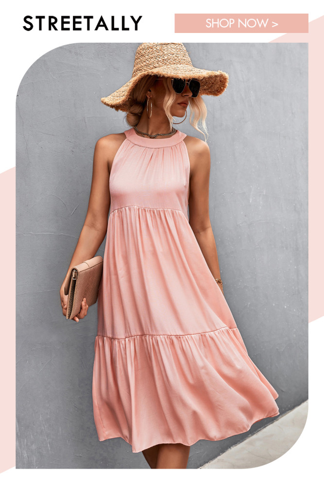 New Solid Color Elegant Loose Casual Halter Neck Stitching Maxi Dresses