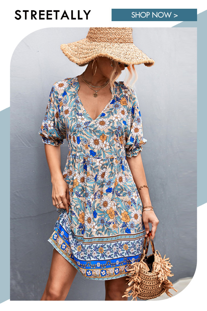 Bohemian V-neck Women's Printed Floral Spring And Summer New Casual Dresses