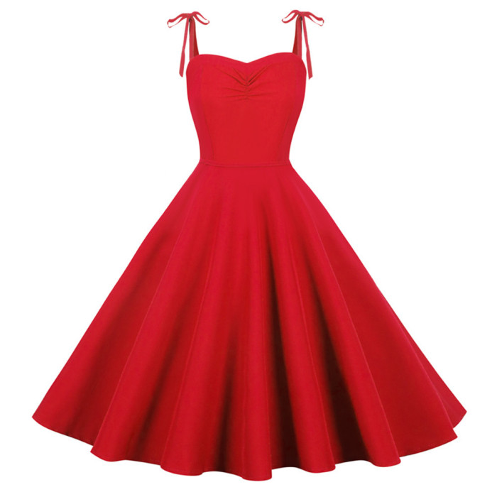 Vintage Girl Dress Women Solid Color Pleated Knotted Tie 1950 Vintage Dresses