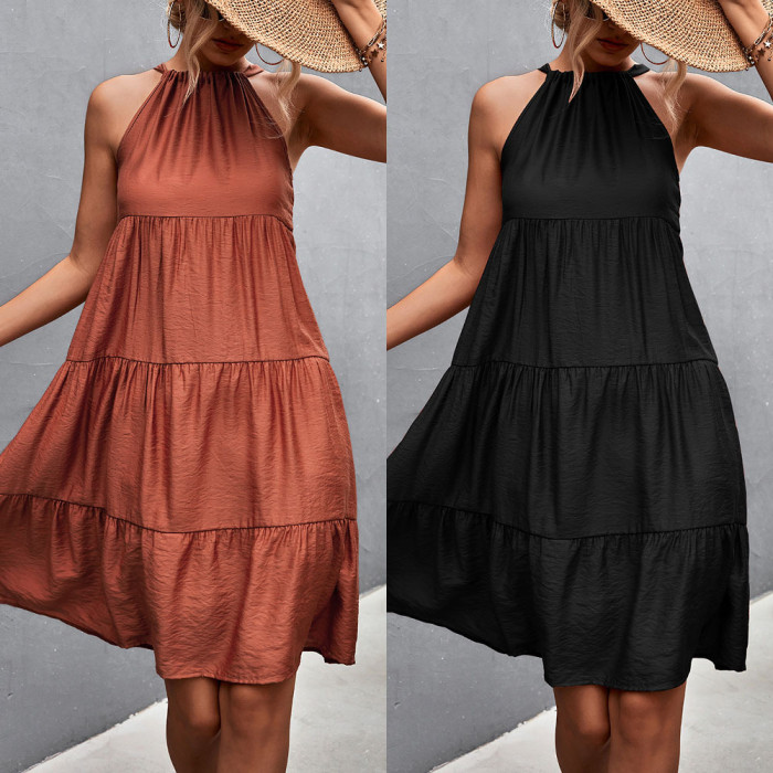 New Solid Color Halter Neckband Shredded Pleated Stitching Dress Women Mini Dresses