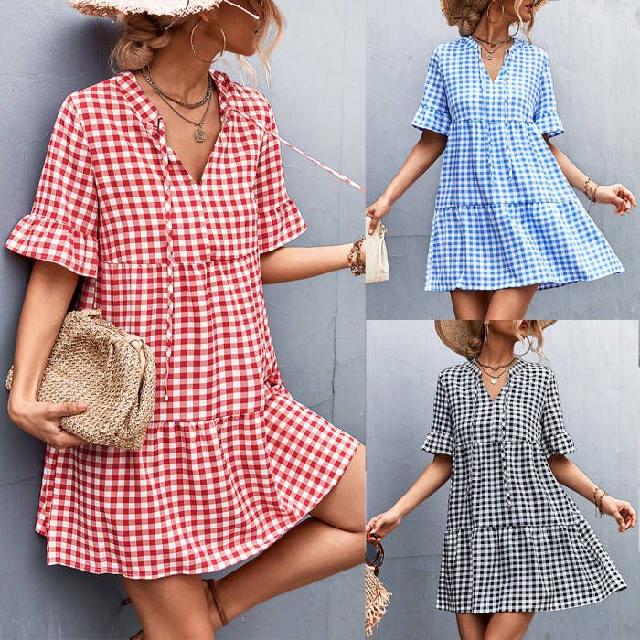 New Plaid Casual Elegant V-Neck Tie Classic Plaid Dress Women Casual Dresses