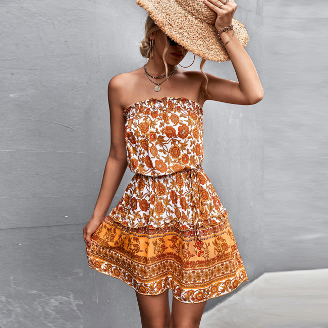 Spring/Summer New Bohemian Printed Floral Bandeau Casual Dresses