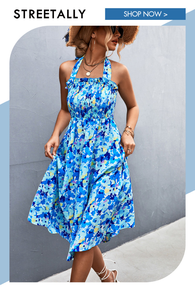 New Elegant And Casual Ruffled Wrap Halter Neckband Floral Print Dress