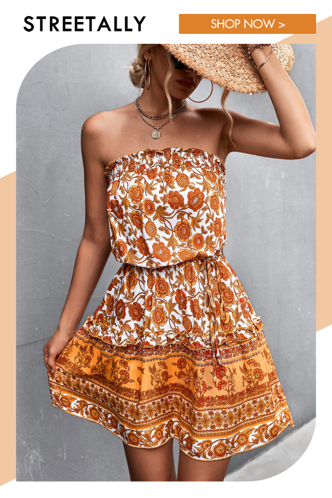 Spring/Summer New Bohemian Printed Floral Bandeau Casual Dresses