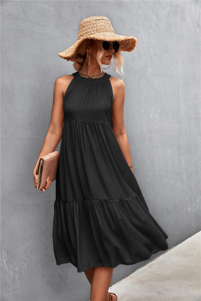 New Solid Color Elegant Loose Casual Halter Neck Stitching Maxi Dresses