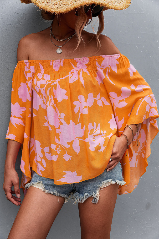 New Product Irregular Sexy One-shoulder Bell-sleeve Printed Top Women's Blouse