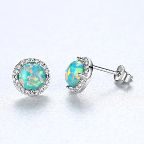 Women's Bright Petite Round Opal Stud Earrings in Sterling Silver Delicate Stud Earrings