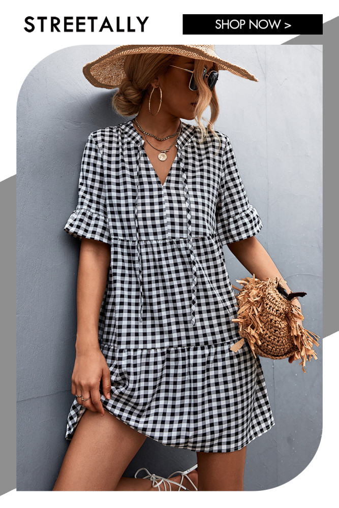 New Plaid Casual Elegant V-Neck Tie Classic Plaid Dress Women Casual Dresses