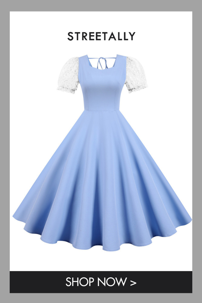 Square Neck Dot Elegant Solid Dress Retro Style Lace Up High Waist 1950 Vintage Dresses