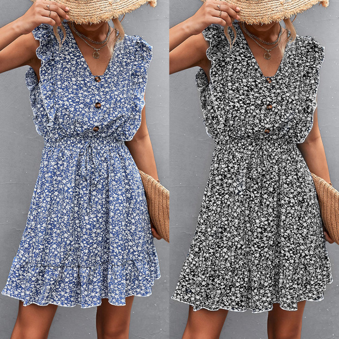 Elegant Women's Floral V-Neck Button Ruffle Sleeves Printed Waist Casual Dresses