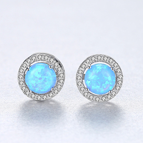 Round Sterling Silver Stud Colorful Opal Jewelry Stud Earrings
