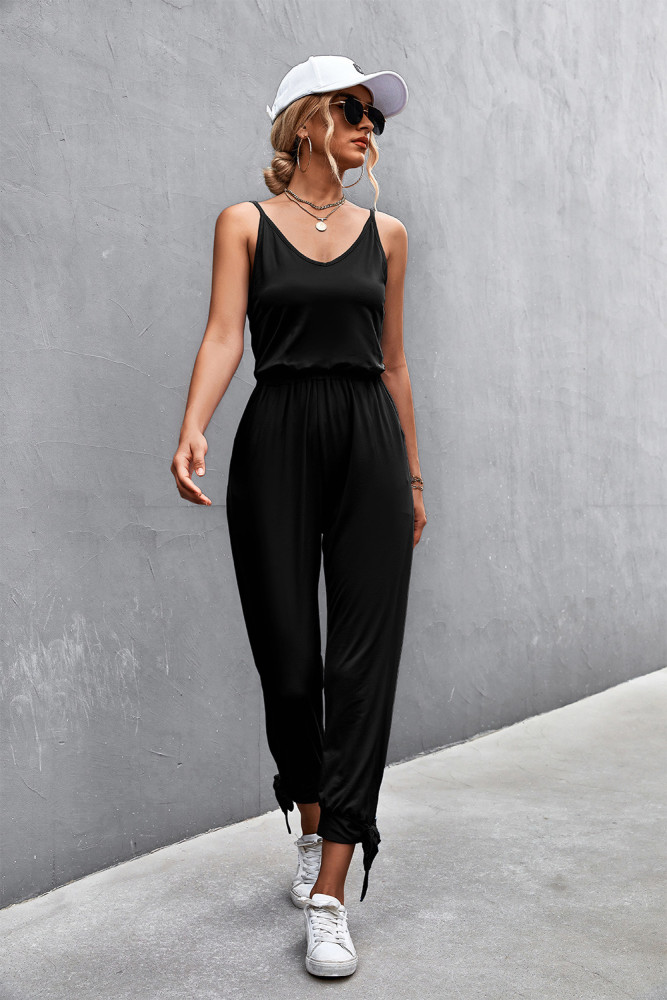 New Solid Color Trousers Casual Foot Slit Strap V-neck Jumpsuit