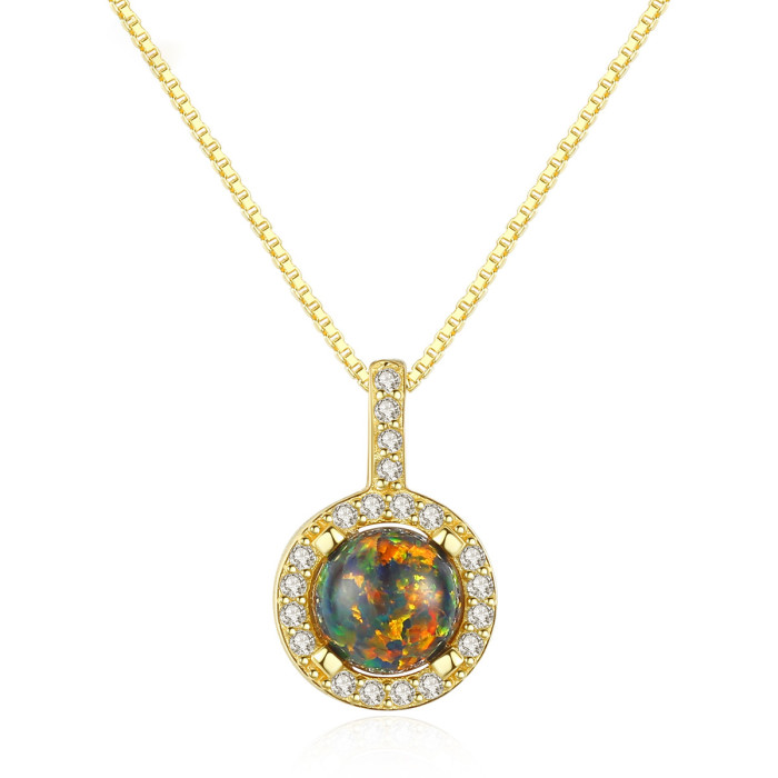 Sterling Silver 925 Round Opal Charming Pendant Jewelry Necklace