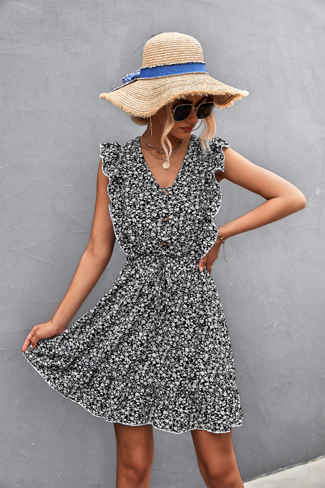 Elegant Women's Floral V-Neck Button Ruffle Sleeves Printed Waist Casual Dresses