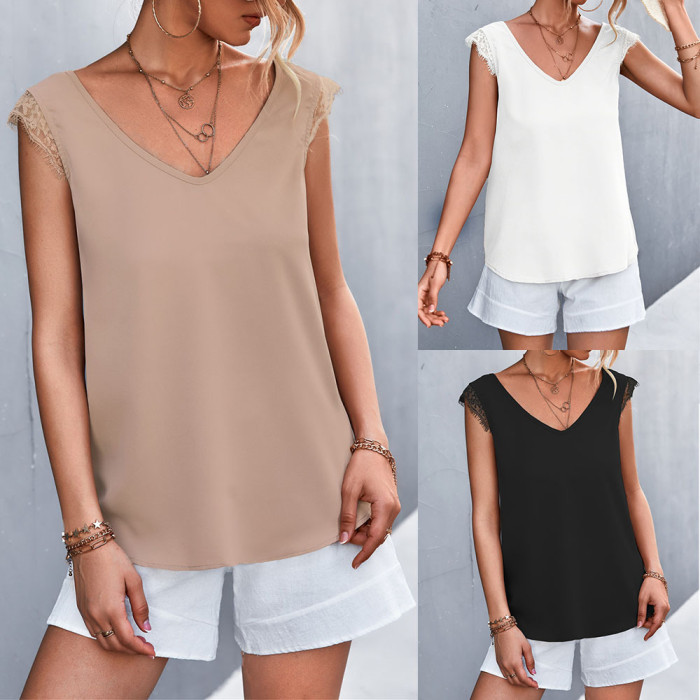 New Solid Color Women's Elegant Vest V-neck Lace Stitching Casual Sleeveless Camis & Vests