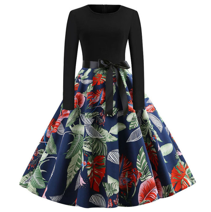 Fashion Round Neck Stitching Casual Petal Print Mid Waist Elegant Ladies 1950 Vintage Dresses