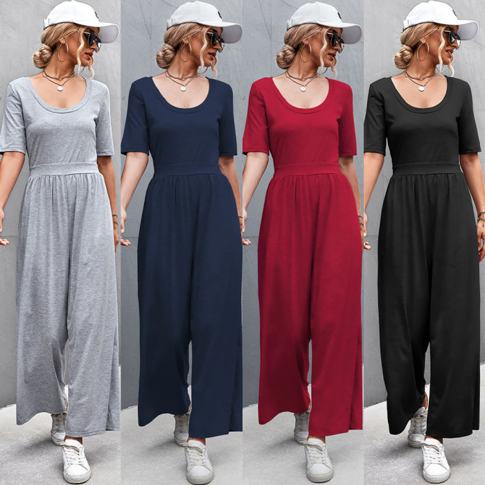 New Casual Women's Short Sleeve U Neck Loose Wide Leg Jumpsuit