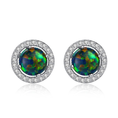 Round Sterling Silver Stud Colorful Opal Jewelry Stud Earrings