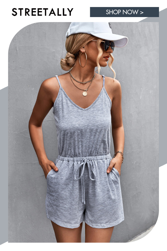 Solid Color V-Neck Loose Casual Women's Suspender Jumpsuit Shorts  Rompers