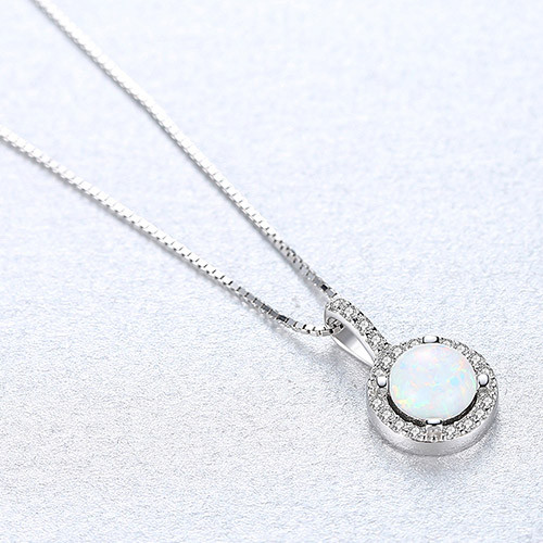 Sterling Silver 925 Round Opal Charming Pendant Jewelry Necklace