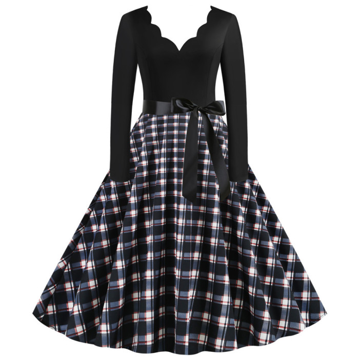 Swing Retro Dress Long Sleeve Sexy V Neck Party Dress 1950 Vintage Dresses