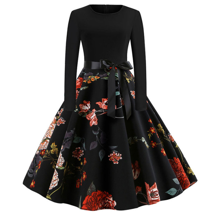 Fashion Round Neck Stitching Casual Petal Print Mid Waist Elegant Ladies 1950 Vintage Dresses