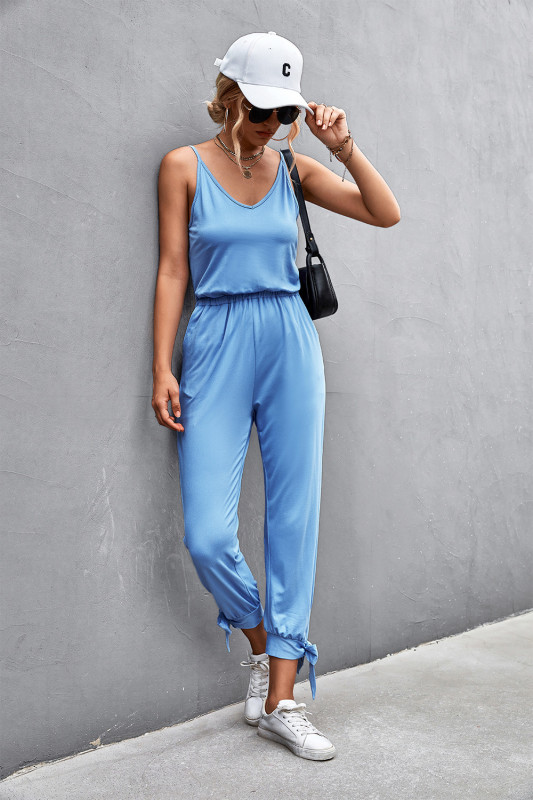 New Solid Color Trousers Casual Foot Slit Strap V-neck Jumpsuit
