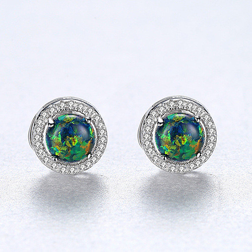 Round Sterling Silver Stud Colorful Opal Jewelry Stud Earrings