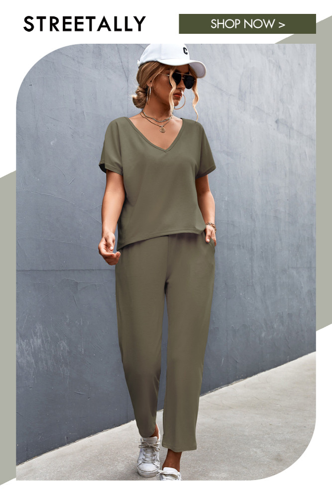 Casual Solid Color V-neck New Product Short-sleeved Sports And Leisure Suit Two-piece Outfits