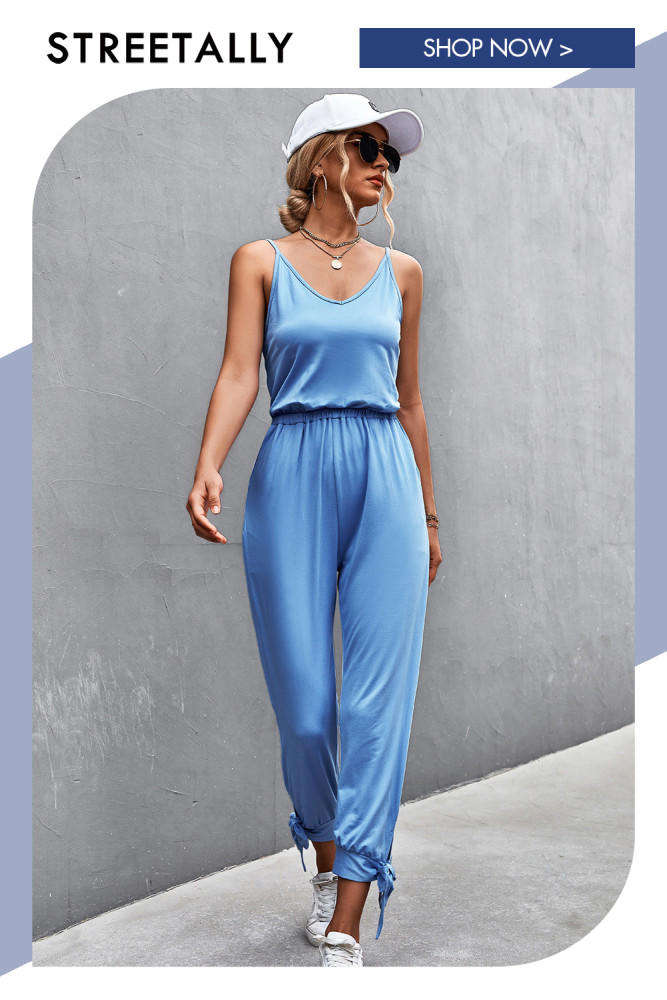 New Solid Color Trousers Casual Foot Slit Strap V-neck Jumpsuit