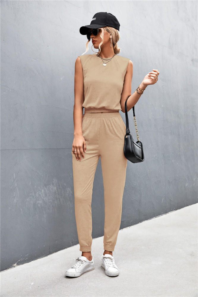 New Summer Solid Color Casual Round Neck Sleeveless Top Casual Suit Two-piece Outfits