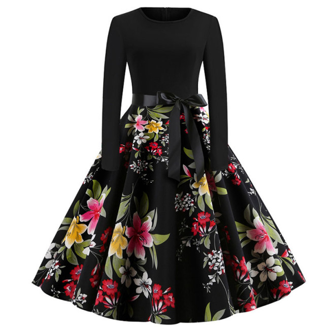 Fashion Round Neck Stitching Casual Petal Print Mid Waist Elegant Ladies 1950 Vintage Dresses