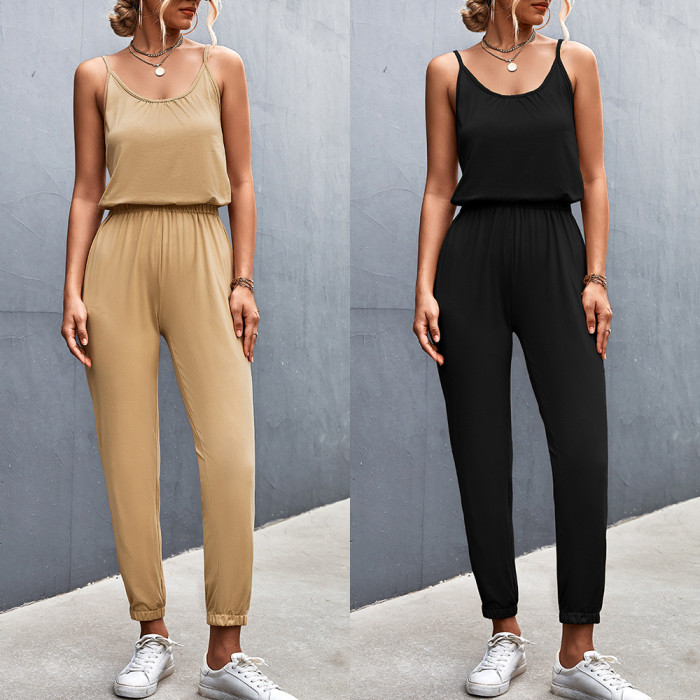 Casual Fashion Solid Color Women's Design Pleated Suspender Jumpsuit