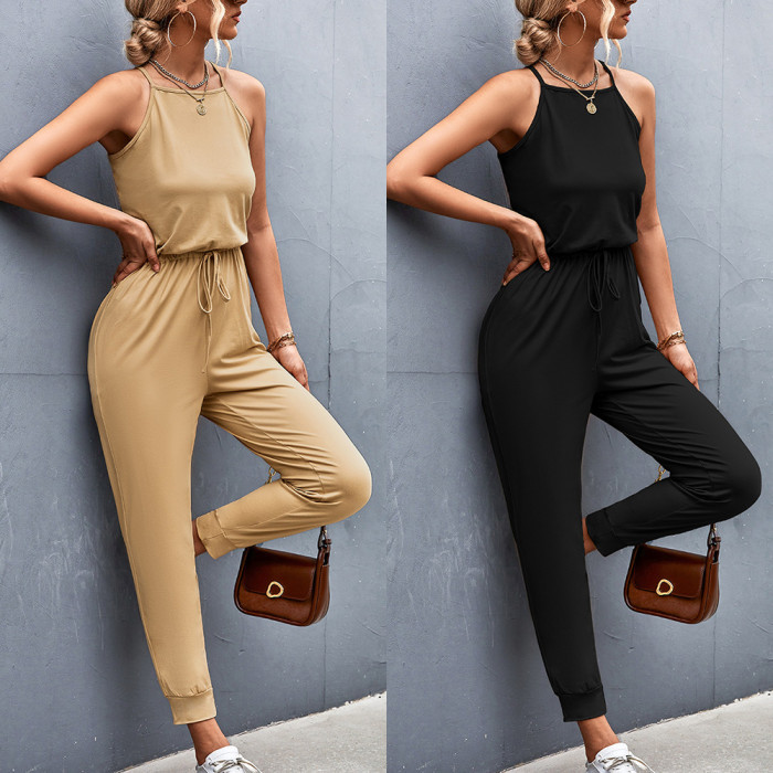 New Casual Solid Color Women's Sleeveless Halter Casual Lace-Up Jumpsuit