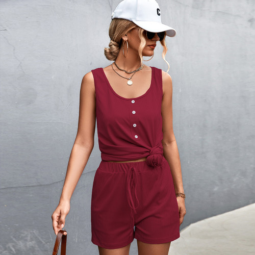 Women's Solid Color Basic U-Neck Button Shorts Casual Suit Two-piece Outfits